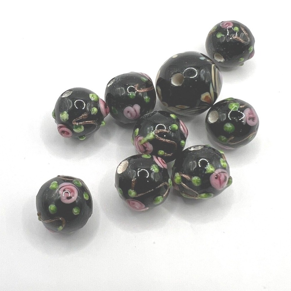 Handpainted Beads Set of Nive Black Pink Flowers Roses Swirls